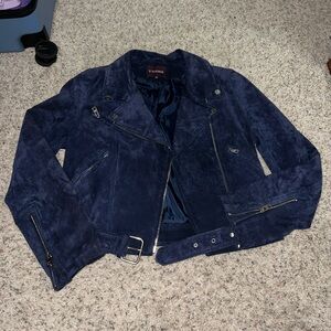 Vigoss Women's Navy 100% Leather Suede Moto Jacket